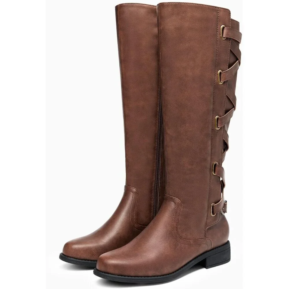 Womens Faux Leather Deep Brown Strappy Motorcycle Knee High Riding Lace Up Boots
